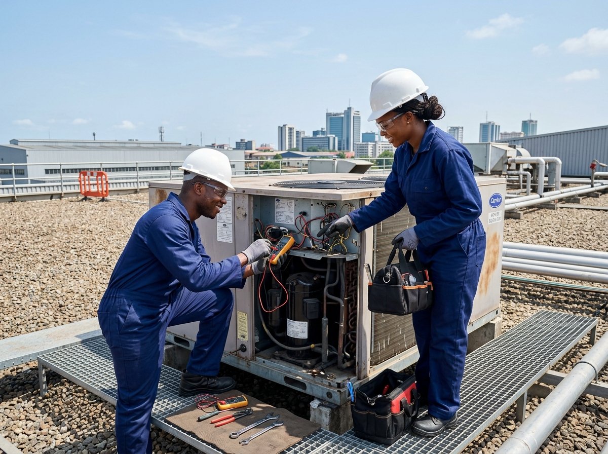 Techniciens de maintenance en action